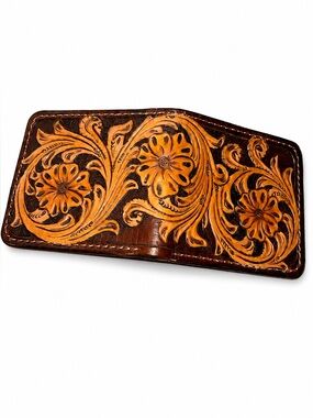 Hand-Tooled Leather Bifold Wallet Basketweave Design Brown floral